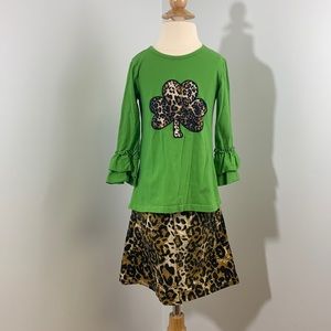 🍀 Girls 2-PieceOutfitSetGreenRuffle Sleeve TopLeopard A-Line Skirt Size XL (5/6)